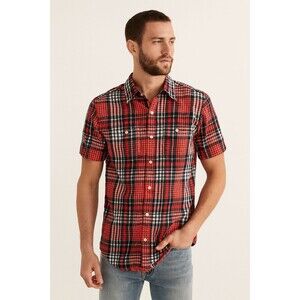 Old Navy Mens Shirt Med Slim Fit Short Sleeve Black Red Plaid Western Rodeo